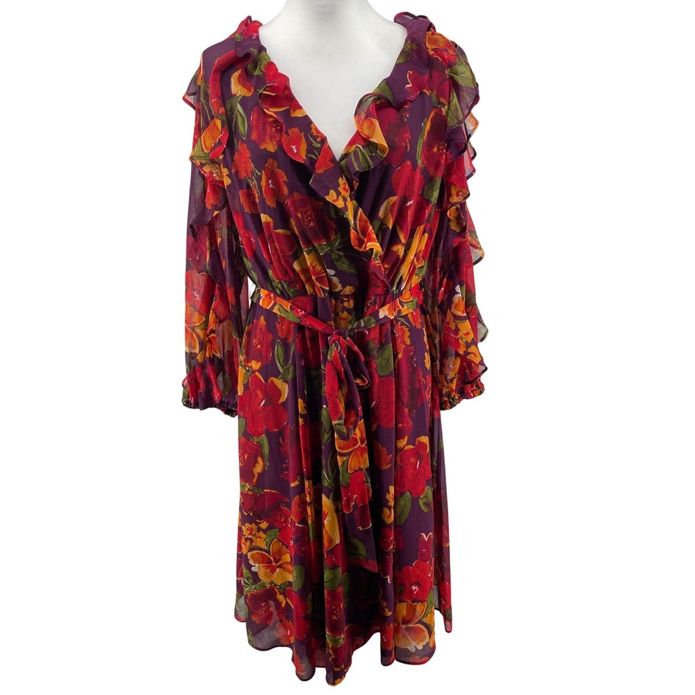 Calvin Klein Ruffle Faux Wrap Dress Women 14 Purple Floral Garden Party Romantic